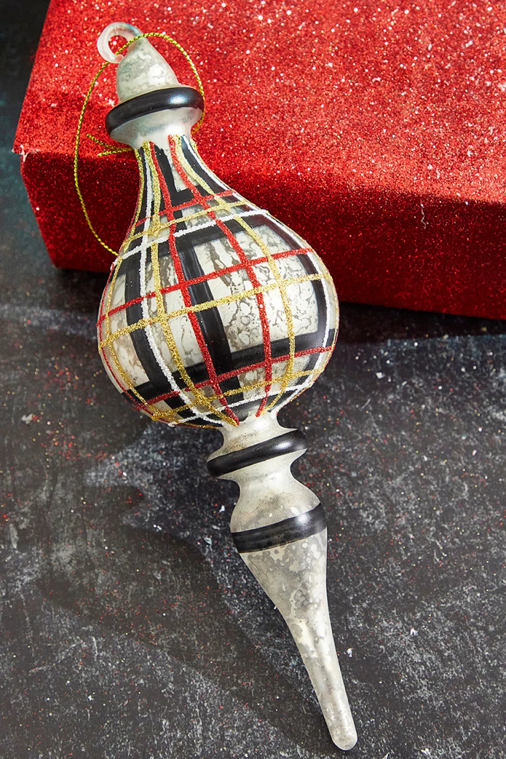 Decorator's Warehouse 9" Holiday Plaid Finial Glass Ornament > Christmas Ornaments|Christmas Ornaments