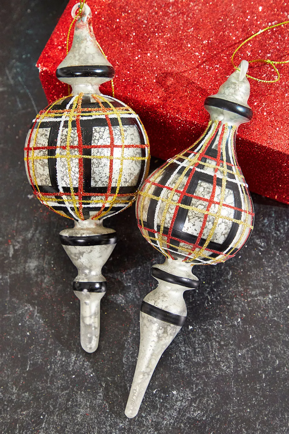 Decorator's Warehouse 9" Holiday Plaid Finial Glass Ornament > Christmas Ornaments|Christmas Ornaments