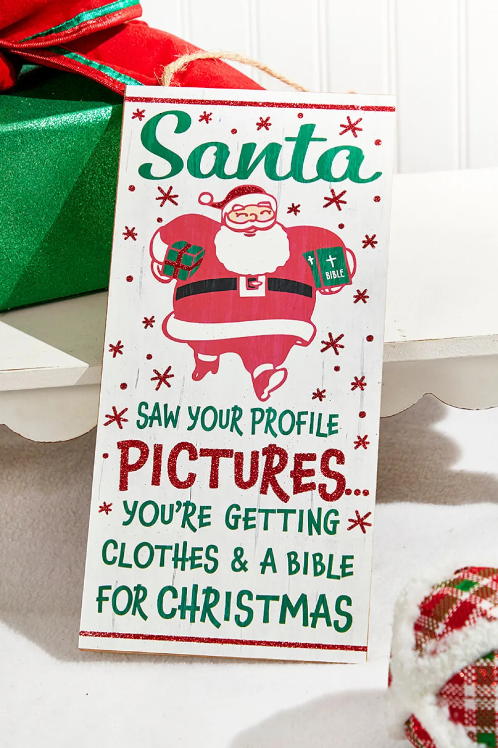 Decorator's Warehouse 12.5"H x 6"L "Santa Saw Your Profile" Sign > North Pole Party|Christmas Decor