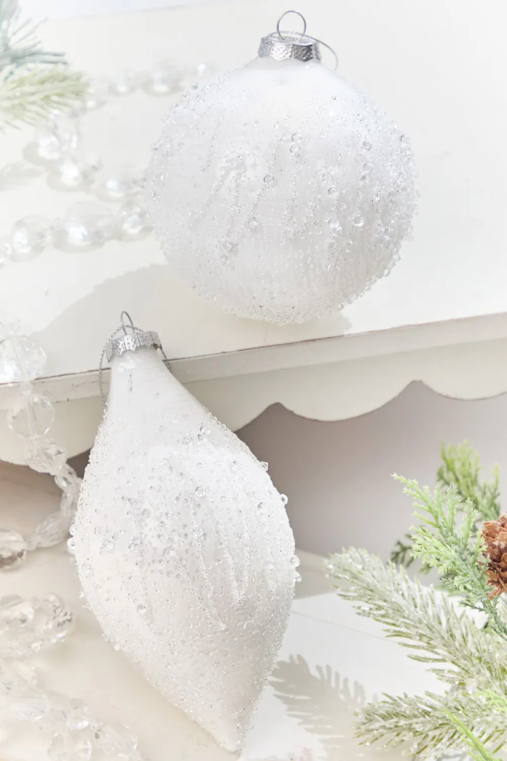 Decorator's Warehouse 4" - 5.5" Icy Beaded White Glass Ornament > White Christmas|Sugar & Spice
