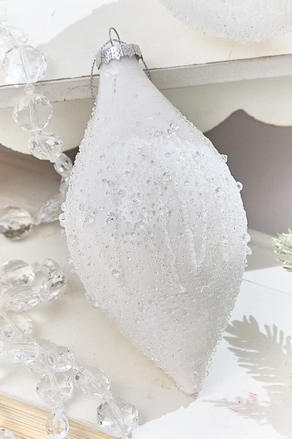 Decorator's Warehouse 4" - 5.5" Icy Beaded White Glass Ornament > White Christmas|Sugar & Spice