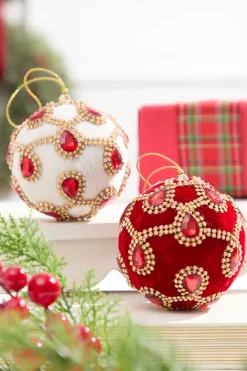 Decorator's Warehouse 4" Ivory Velvet with Jewel & Rhinestone Ball Ornament > Christmas Decor|Jewel Tones