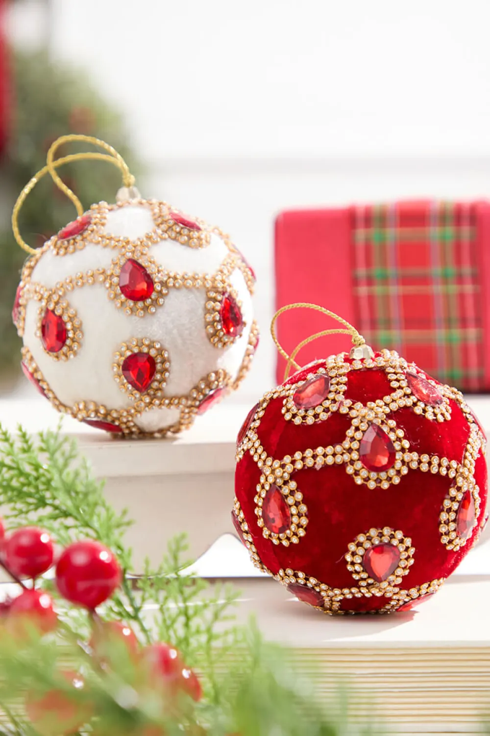 Decorator's Warehouse 4" Ivory Velvet with Jewel & Rhinestone Ball Ornament > Christmas Decor|Jewel Tones