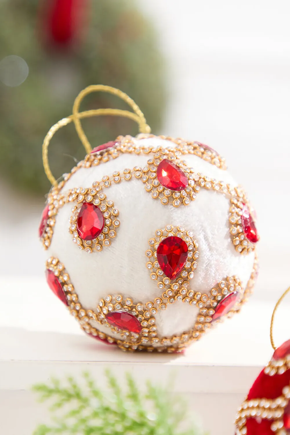 Decorator's Warehouse 4" Ivory Velvet with Jewel & Rhinestone Ball Ornament > Christmas Decor|Jewel Tones