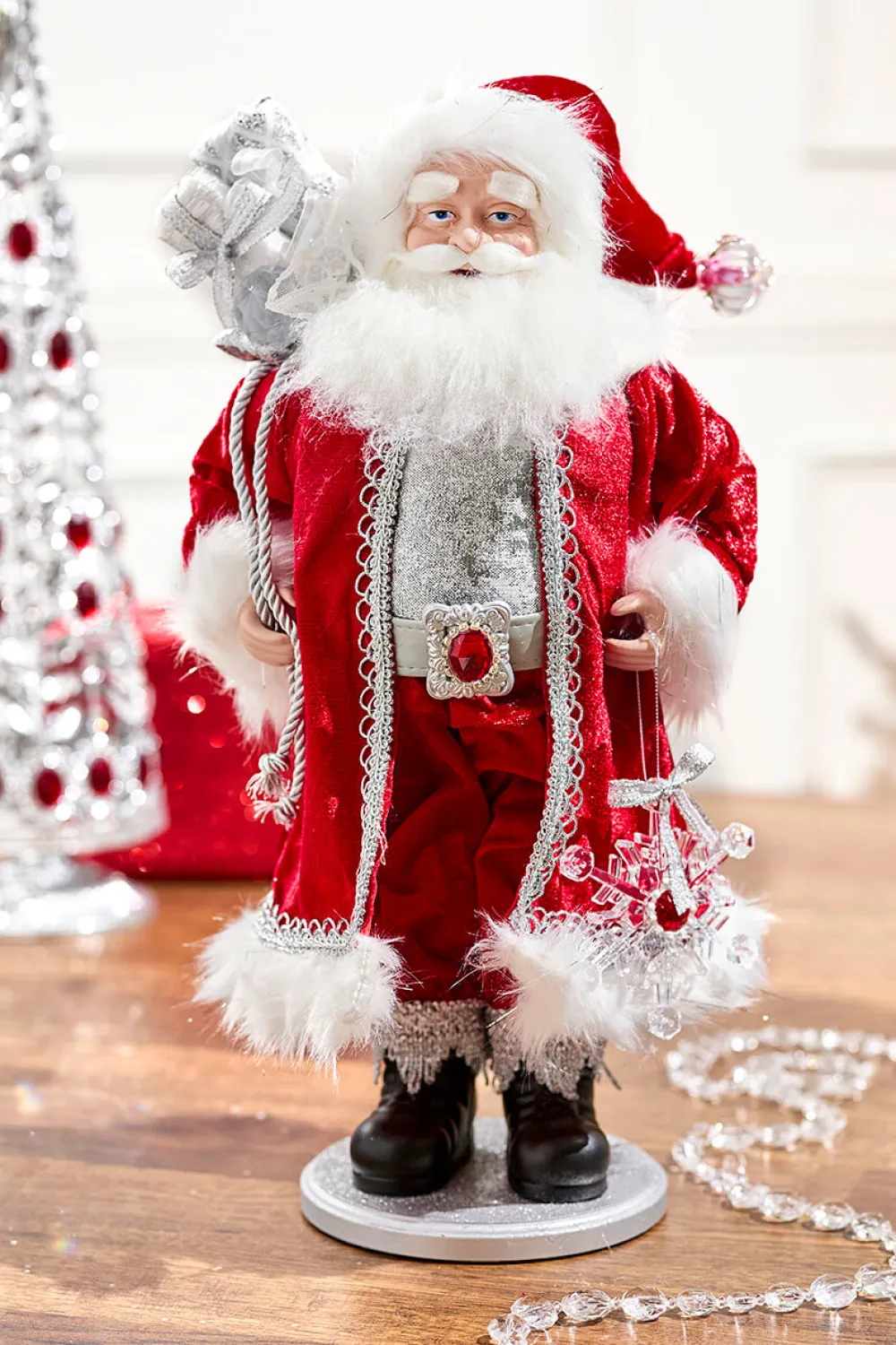 Decorator's Warehouse 21" Jewel Santa With Snowflake On Base > Santas & Angels|Red & Silver