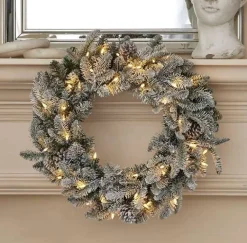 Decorator's Warehouse 24" Lexington Fir Flocked Plug-In Wreath with Warm White LED Lights > Under 30"|Pre-Lit Wreaths