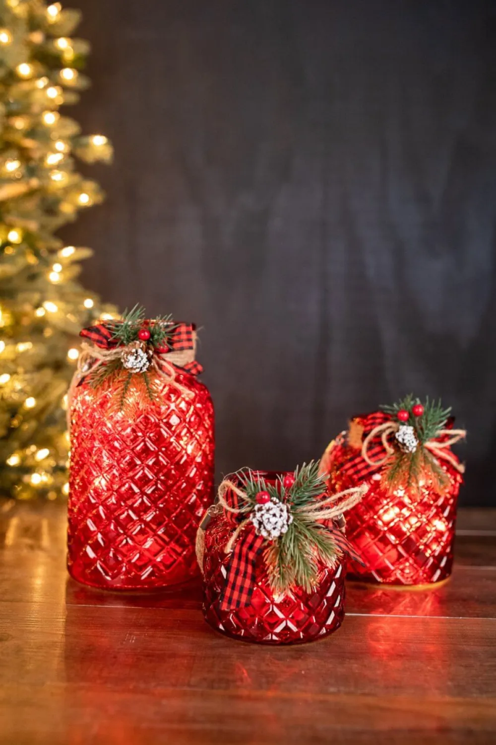 Decorator's Warehouse Lighted Holiday Glass Luminary w/ Floral Accent and Timer (battery operated) - Set of 3 > Christmas Accents|Christmas Decor