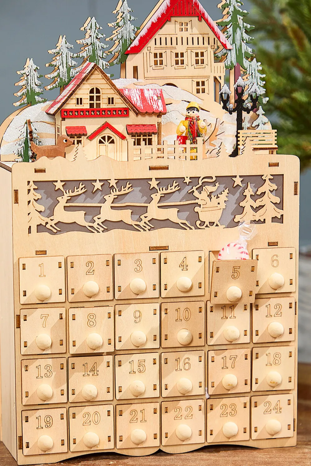Decorator's Warehouse 14.1" Lighted Laser Cut Wood Holiday Village Advent Calendar > Winter Woodland|Christmas Accents