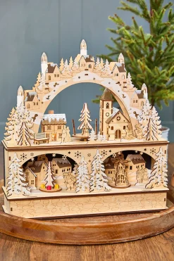 Decorator's Warehouse 14.75" Lighted Laser Cut Wood Village Scene with Moving Figurine and Candles > Winter Woodland|Sugar & Spice