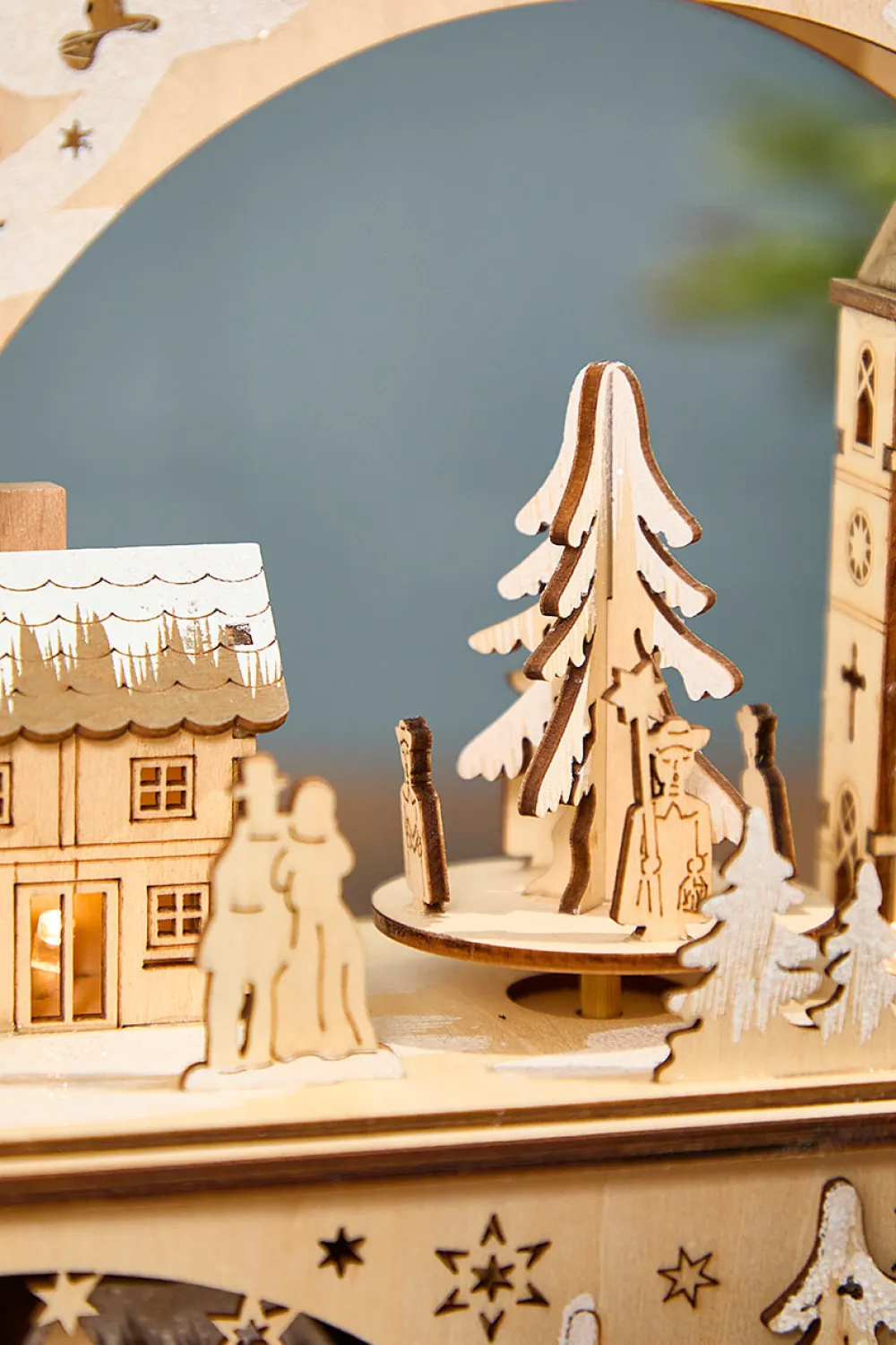 Decorator's Warehouse 14.75" Lighted Laser Cut Wood Village Scene with Moving Figurine and Candles > Winter Woodland|Sugar & Spice