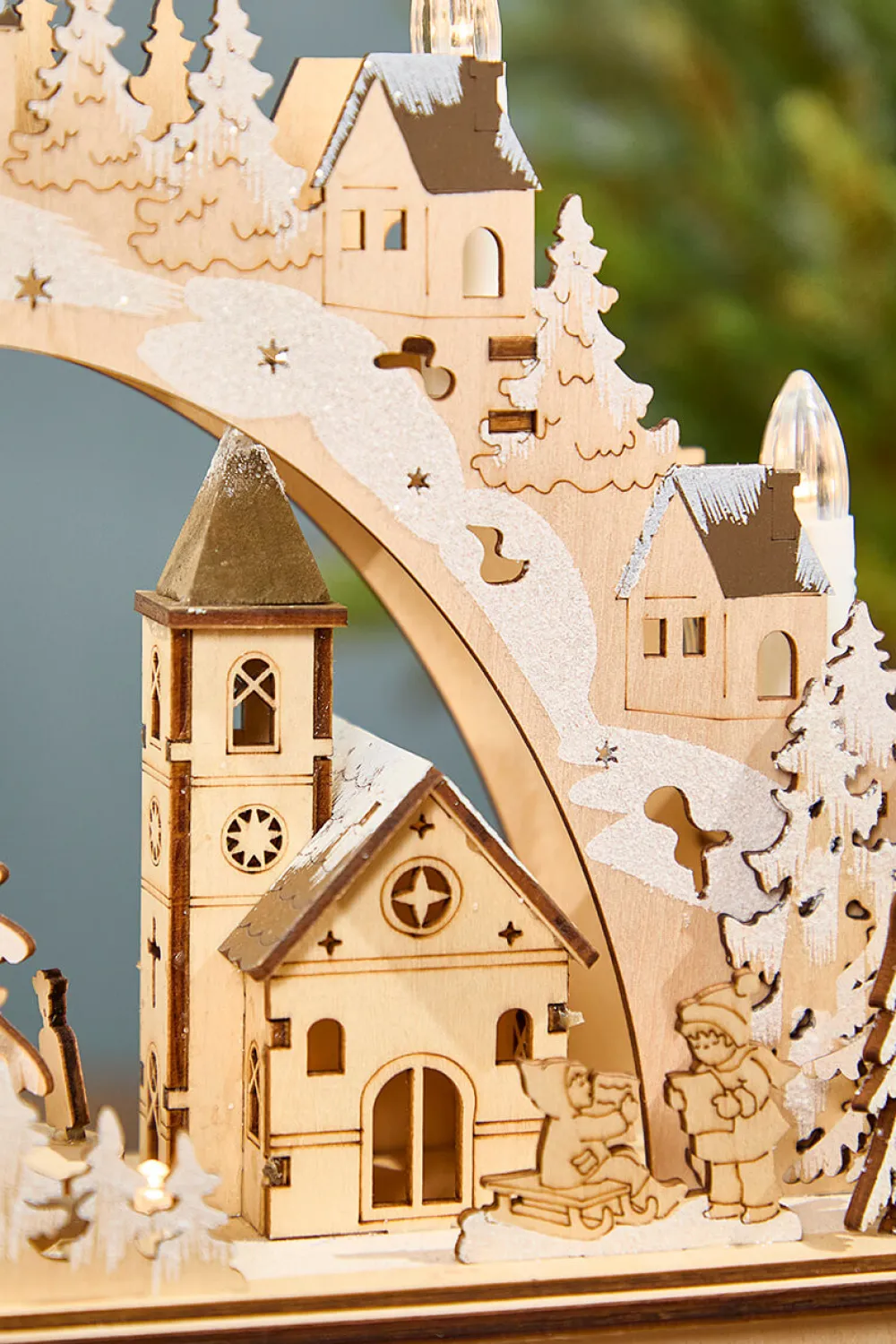 Decorator's Warehouse 14.75" Lighted Laser Cut Wood Village Scene with Moving Figurine and Candles > Winter Woodland|Sugar & Spice