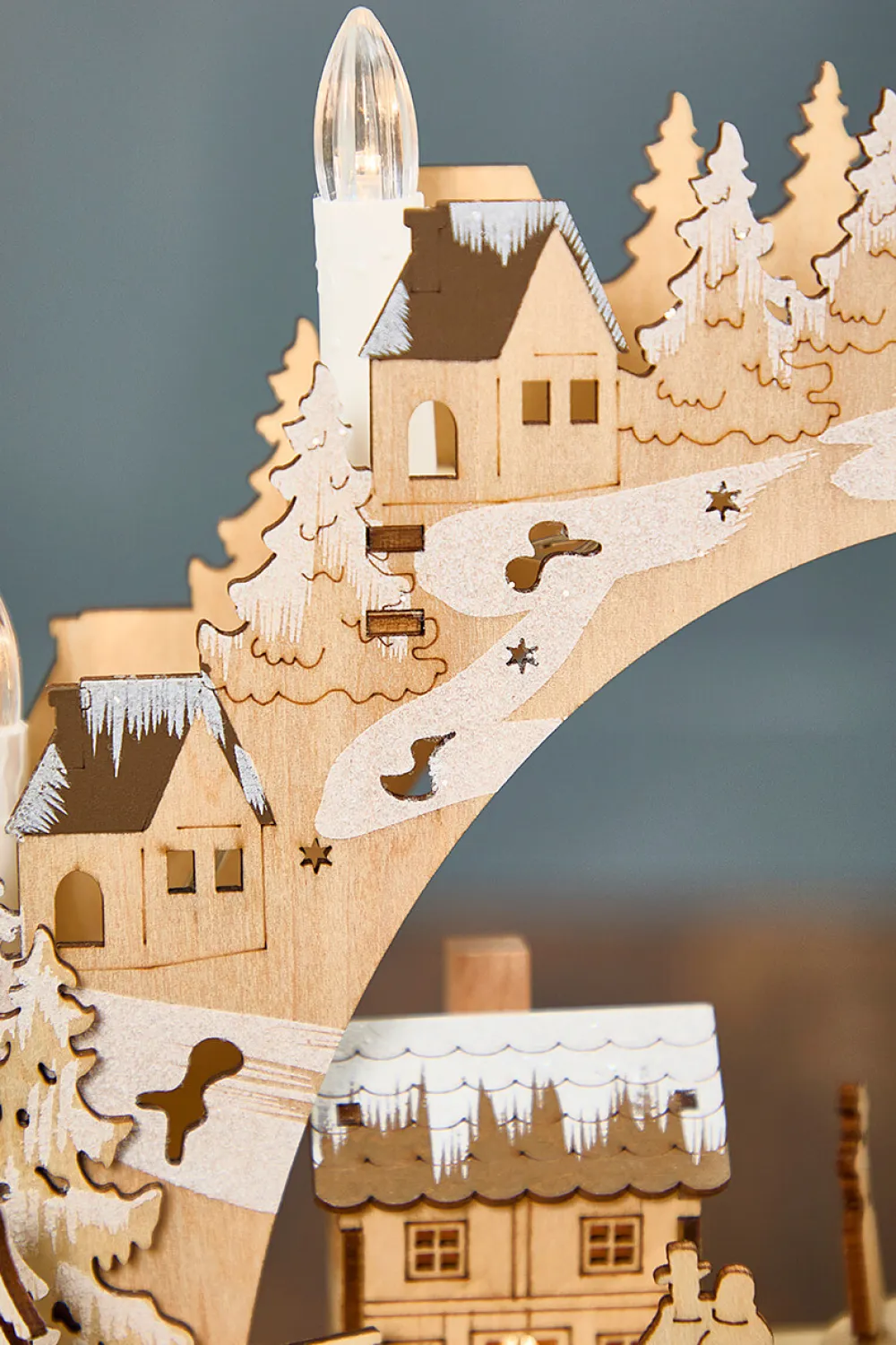 Decorator's Warehouse 14.75" Lighted Laser Cut Wood Village Scene with Moving Figurine and Candles > Winter Woodland|Sugar & Spice