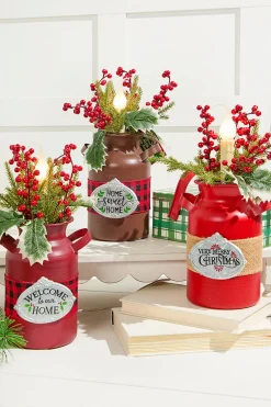 Decorator's Warehouse 12" Lighted Metal Milk Can with Pine & Berry Arrangement > Farmhouse|Christmas Accents