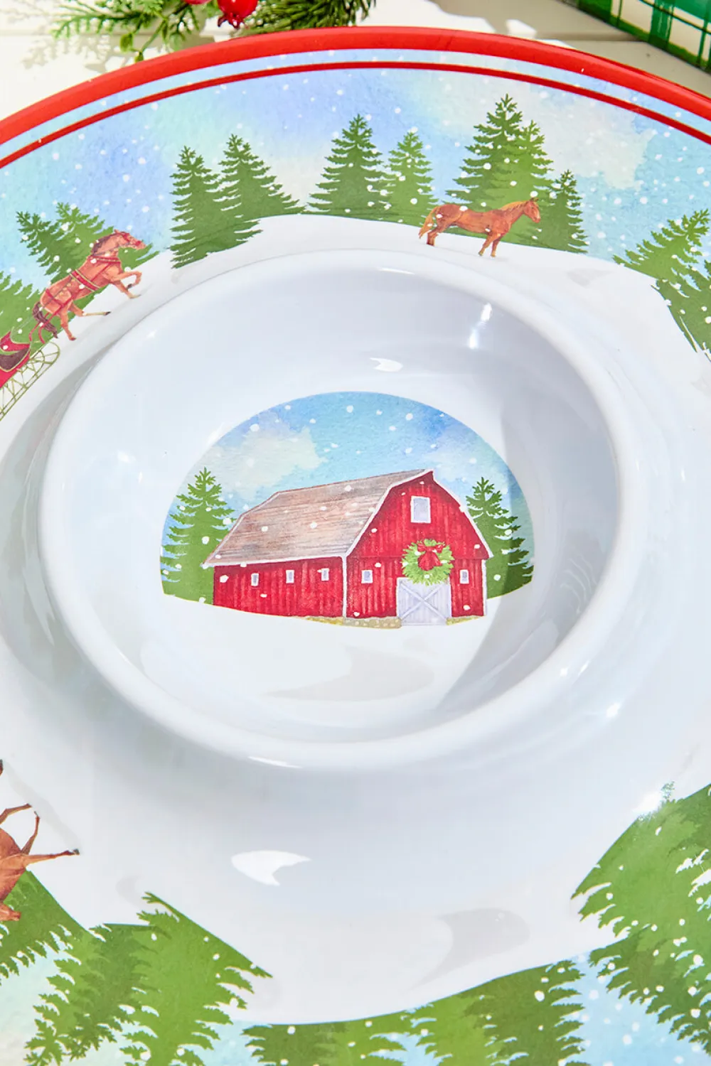 Decorator's Warehouse 14.96" Melamine Holiday Barn Design Chip & Dip Plate > Christmas Sale|Christmas Decor