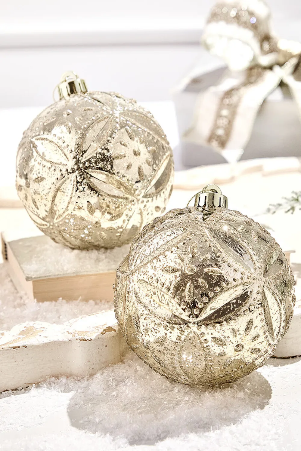 Decorator's Warehouse 5" Mercury Glitter Floret Ornament Box - Set of 2 > Boxed Sets|Christmas Decor