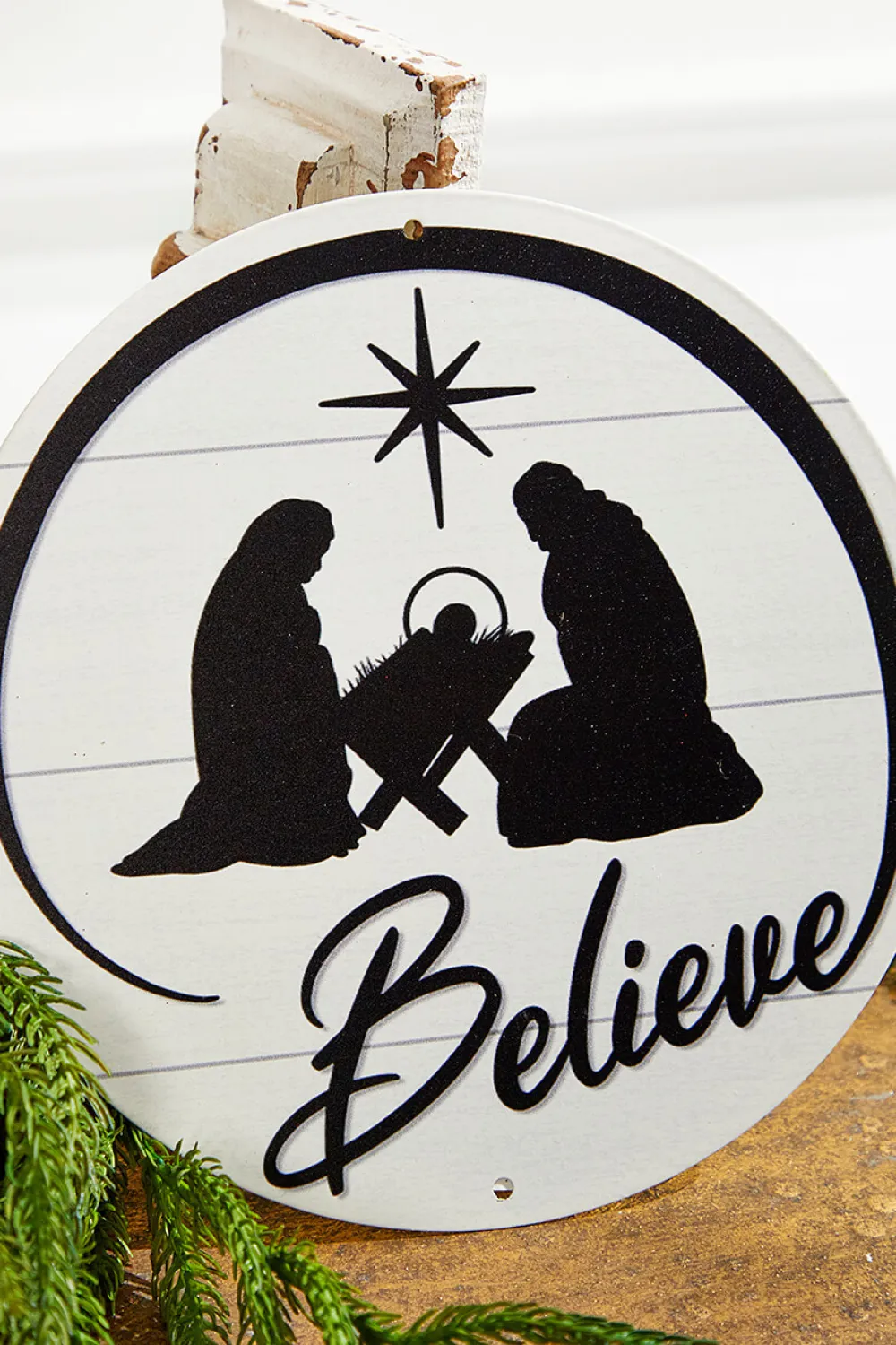 Decorator's Warehouse 8" Metal Believe with Nativity Scene - Black/White > Farmhouse|Nativity Ornaments