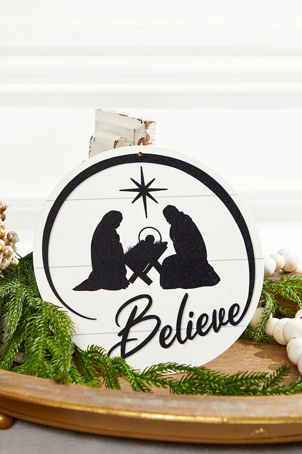 Decorator's Warehouse 8" Metal Believe with Nativity Scene - Black/White > Farmhouse|Nativity Ornaments
