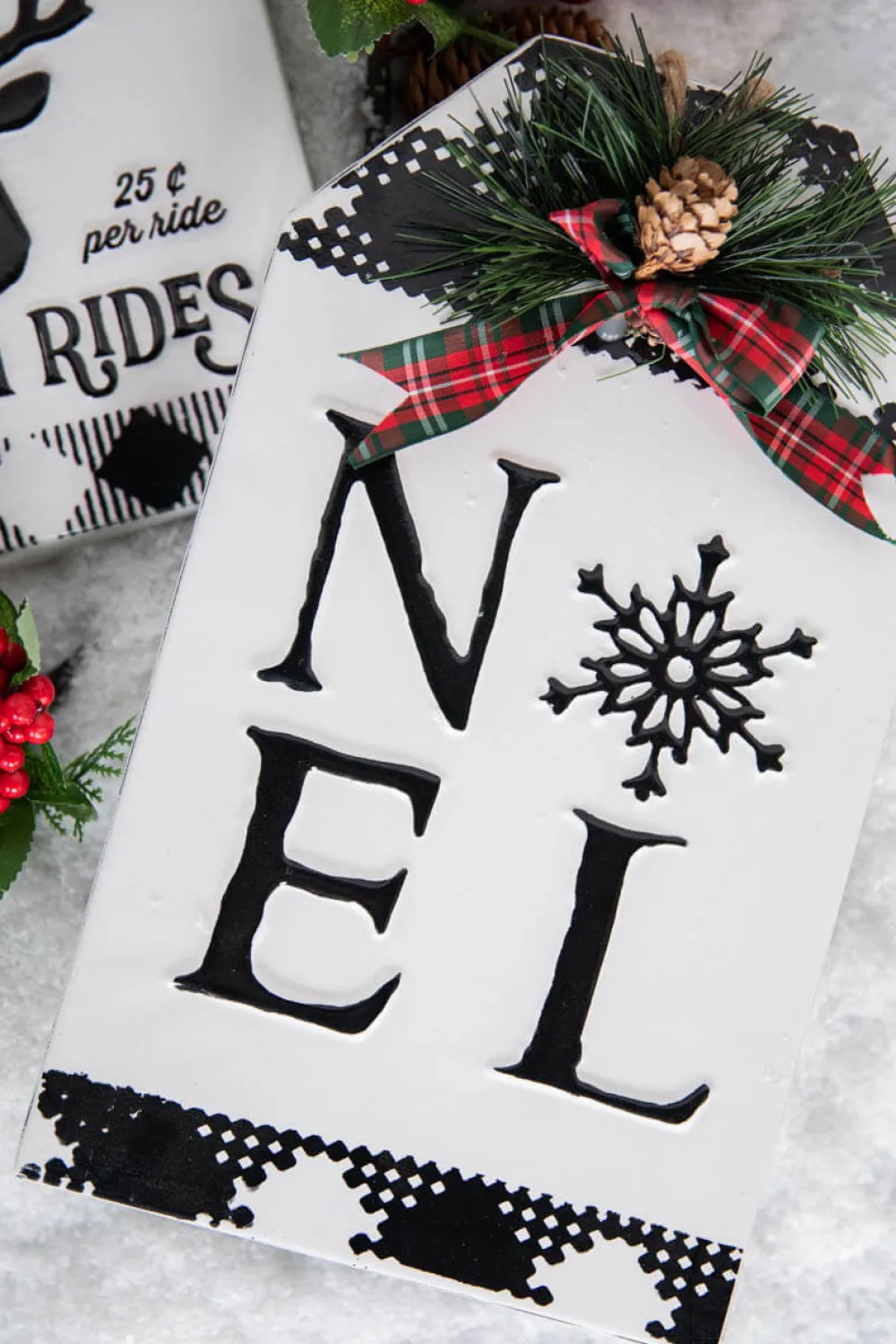 Decorator's Warehouse 12” Metal Embossed Holiday Wall Sign with Floral Accent > Christmas Ornaments|Christmas Accents