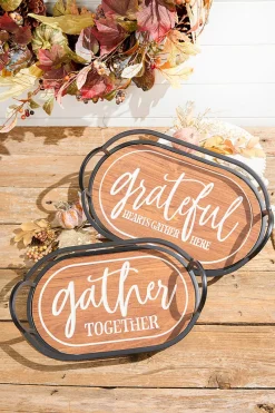 Decorator's Warehouse Metal & Engraved Wood Harvest Design Tray - Set of 2 > Fall Decor|Fall Decor