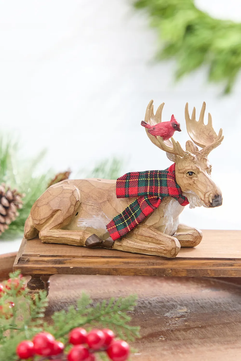 Decorator's Warehouse 6.5" - 9" Moose with Cardinal & Plaid Scarf > Cardinal|Christmas Accents