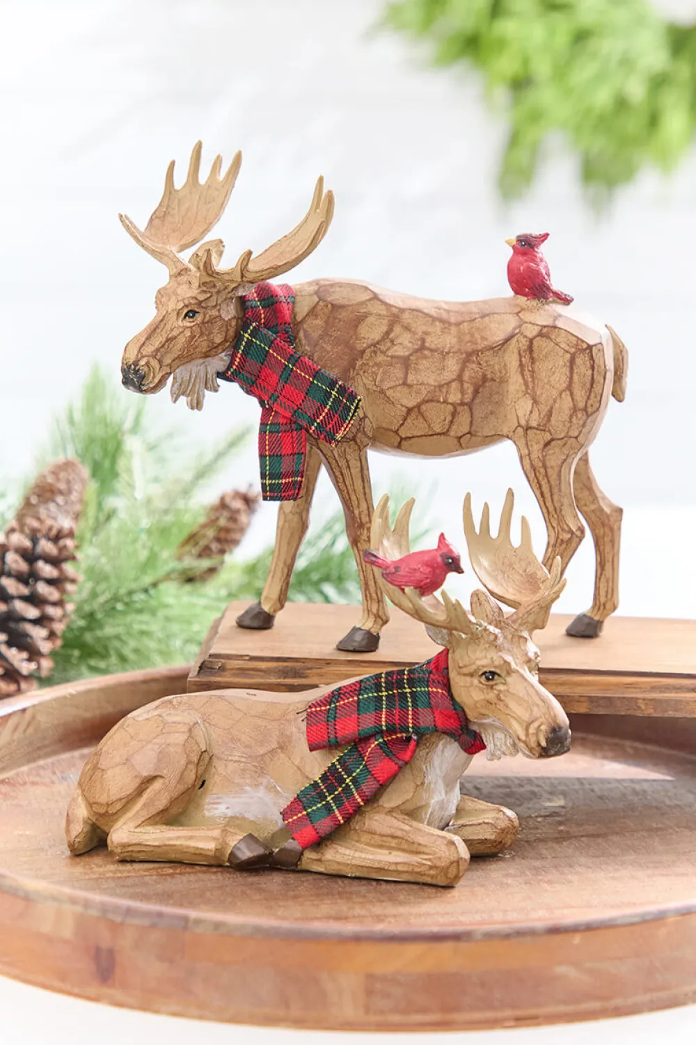 Decorator's Warehouse 6.5" - 9" Moose with Cardinal & Plaid Scarf > Cardinal|Christmas Accents