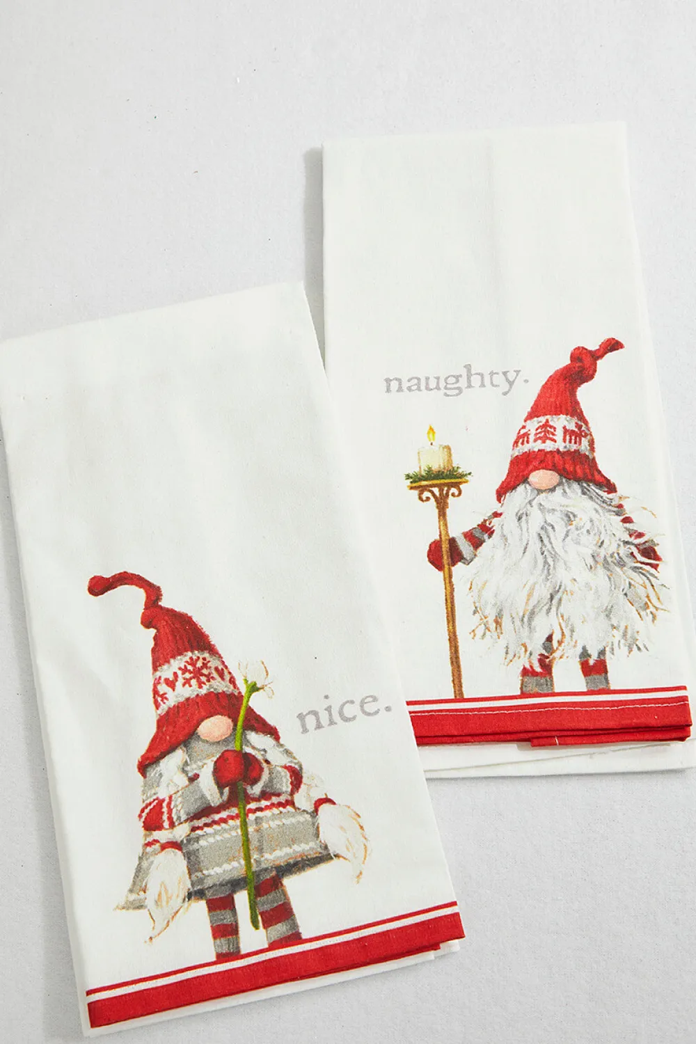 Decorator's Warehouse Naughty & Nice Gnome Tea Towels - Set of 2 > Christmas Textiles|Fun Gifts
