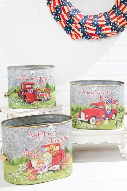 Decorator's Warehouse 9.8" Nesting Metal Americana Truck Design Buckets - Set Of 3 > Patriotic Decor|Patriotic Decor