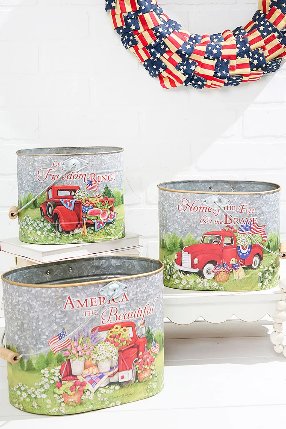 Decorator's Warehouse 9.8" Nesting Metal Americana Truck Design Buckets - Set Of 3 > Patriotic Decor|Patriotic Decor