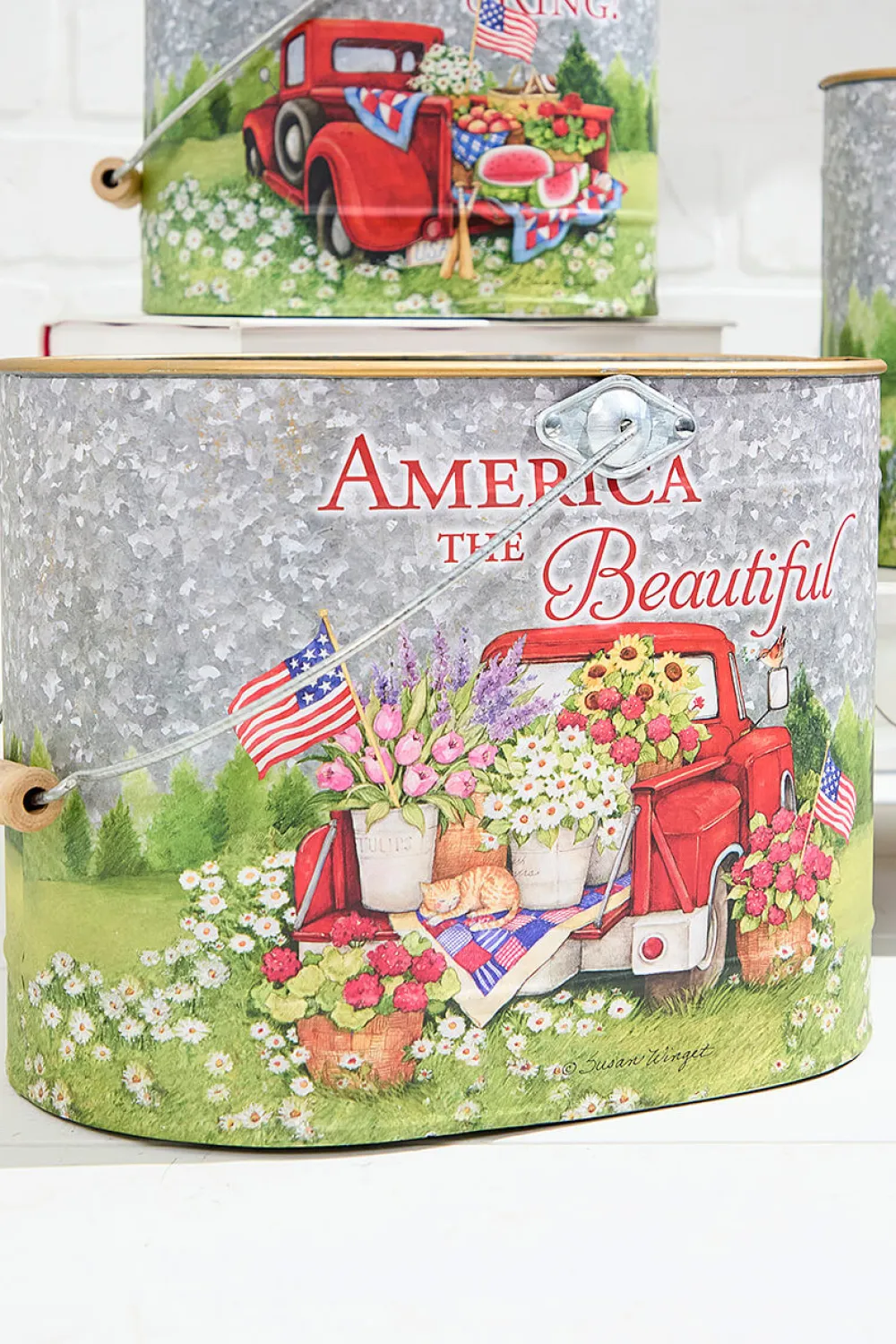 Decorator's Warehouse 9.8" Nesting Metal Americana Truck Design Buckets - Set Of 3 > Patriotic Decor|Patriotic Decor