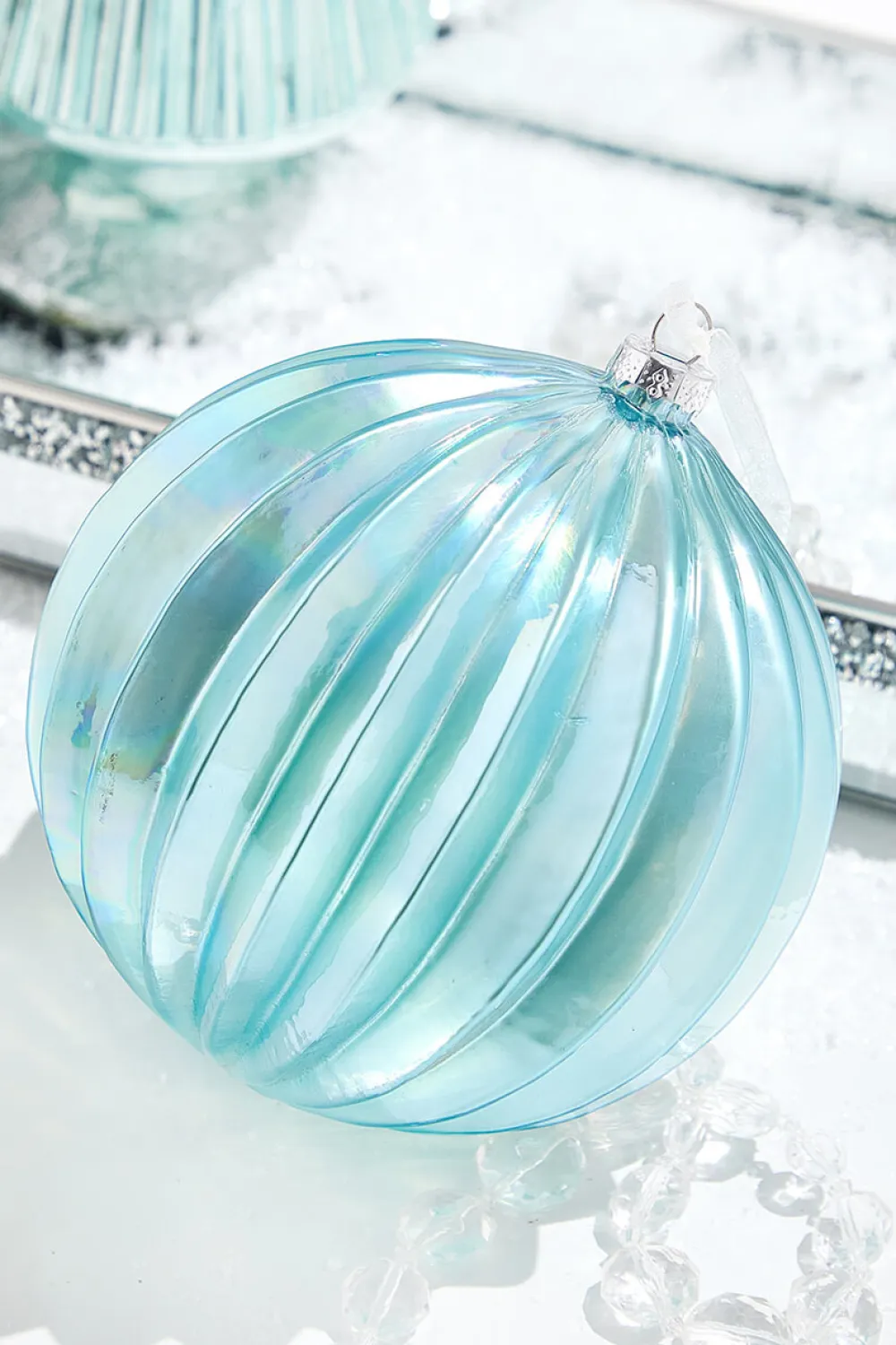 Decorator's Warehouse 6.75" Northern Sky Blue Pleated Glass Ball Ornament > Christmas Decor|Blue Christmas
