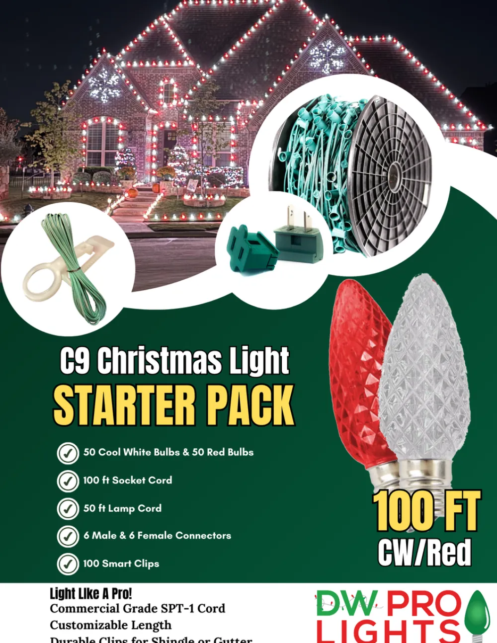 Decorator's Warehouse 100' Outdoor Christmas Lighting Kit - Cool White/Red > Outdoor Christmas Lighting Kits|C9 Bulbs