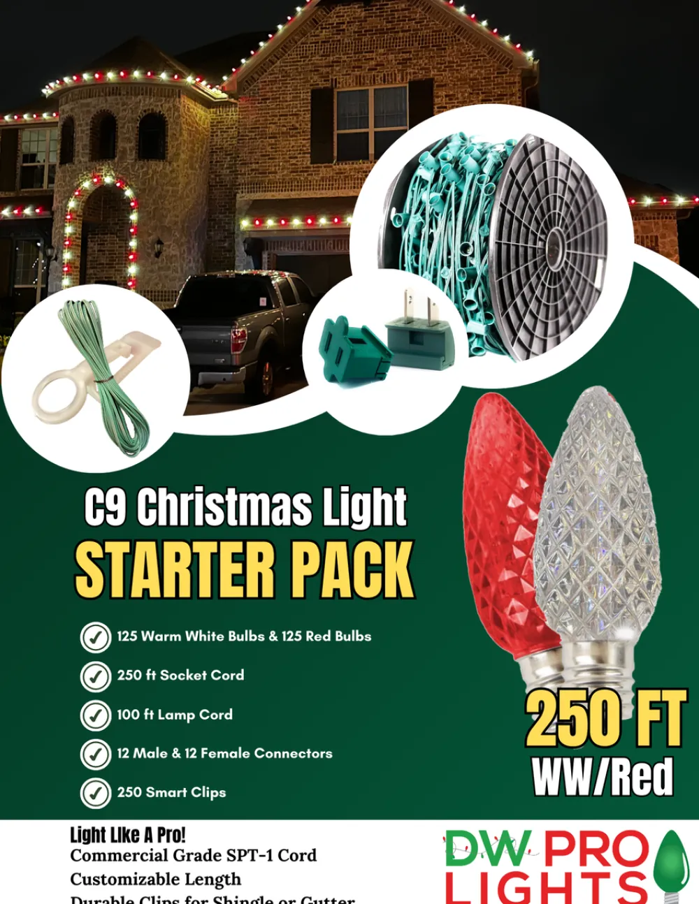 Decorator's Warehouse 250' Outdoor Christmas Lighting Kit - Warm White/Red > Outdoor Christmas Lighting Kits|C9 Bulbs