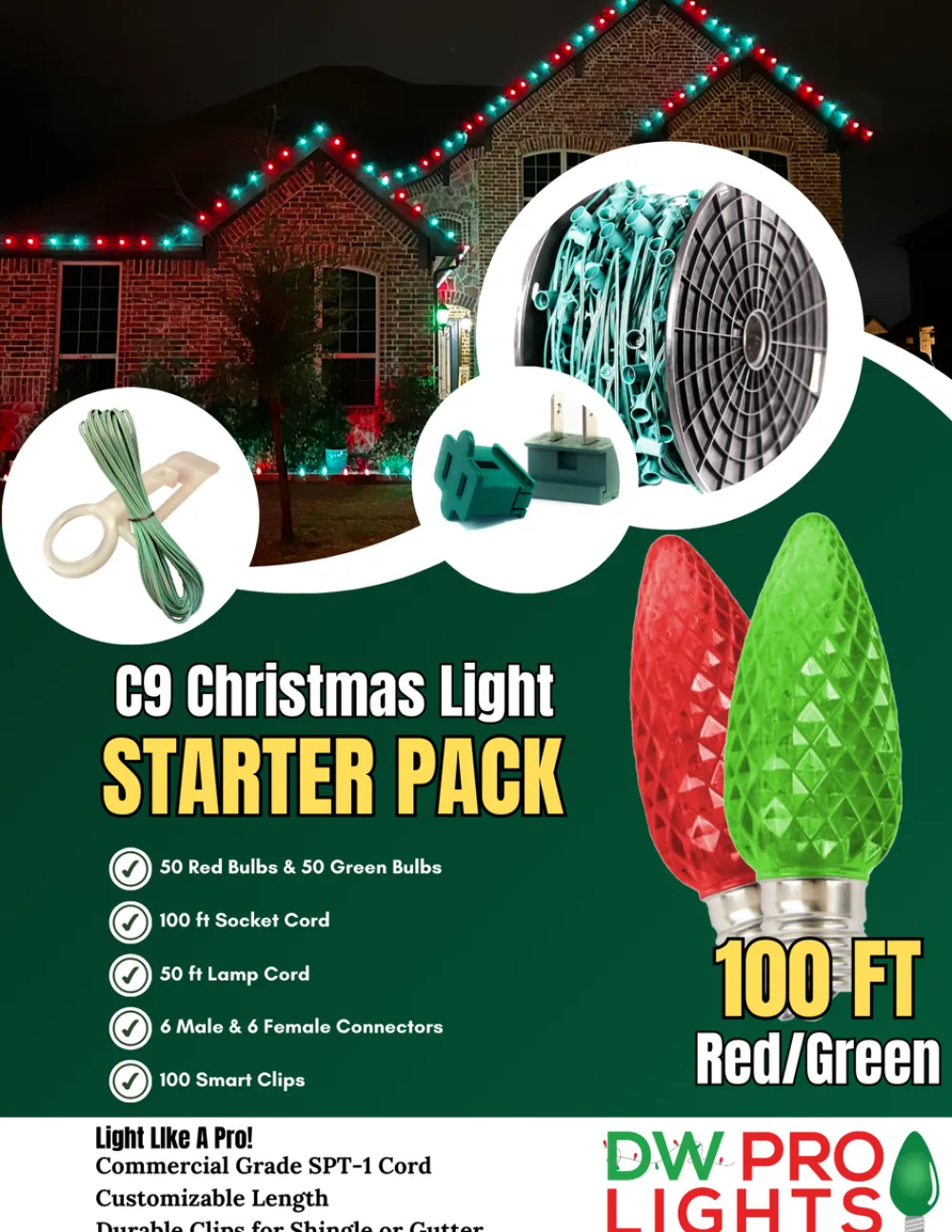 Decorator's Warehouse 100' Outdoor Christmas Lighting Kit - Red/Green > Outdoor Christmas Lighting Kits|C9 Bulbs