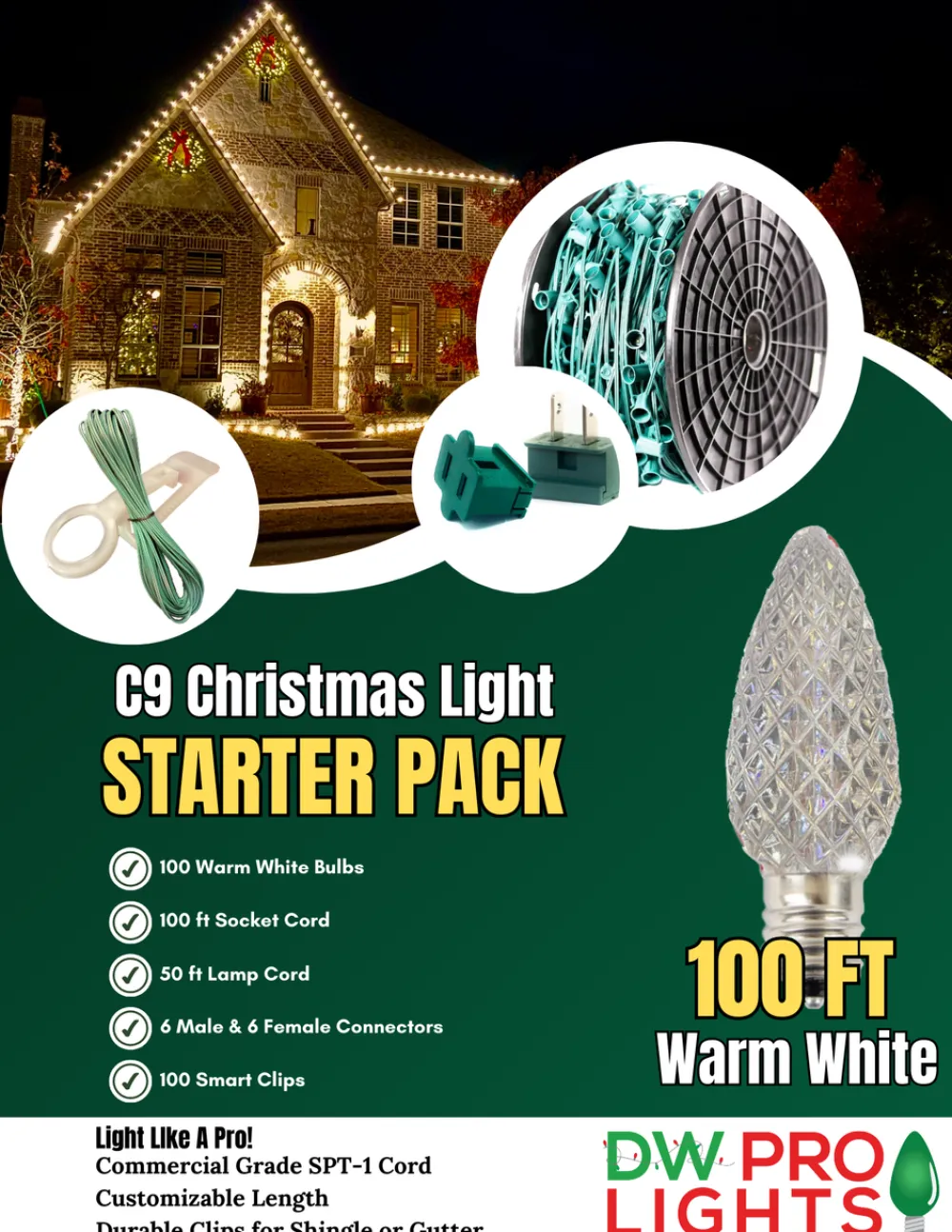 Decorator's Warehouse 100' Outdoor Christmas Lighting Kit - Warm White > Outdoor Christmas Lighting Kits|C9 Bulbs