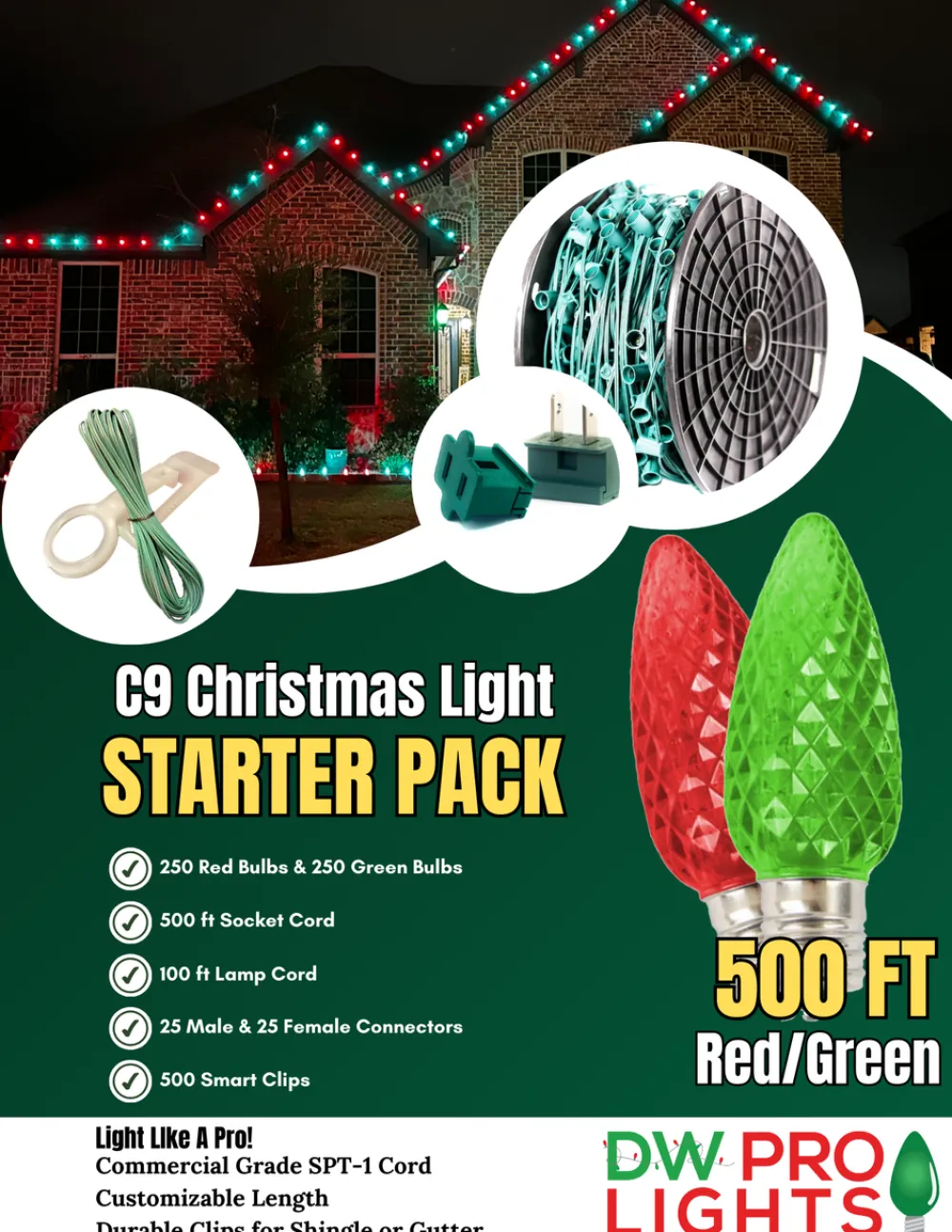 Decorator's Warehouse 500' Outdoor Christmas Lighting Kit - Red/Green > Outdoor Christmas Lighting Kits|C9 Bulbs