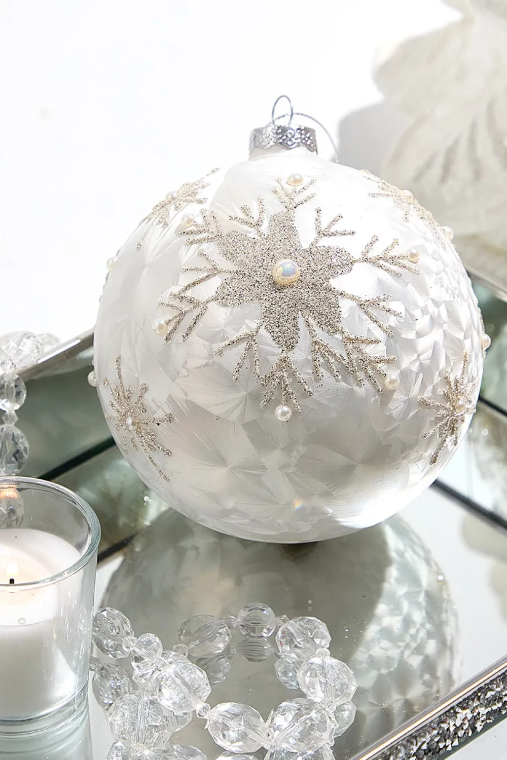 Decorator's Warehouse 5" Pearl Snowflake Glass Ball Ornament > White Christmas|Christmas Decor