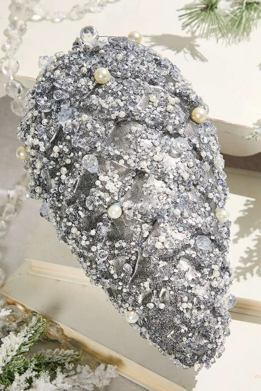 Decorator's Warehouse 11" Pinecone Ornament with Jewel - Platinum > White Christmas|Christmas Decor
