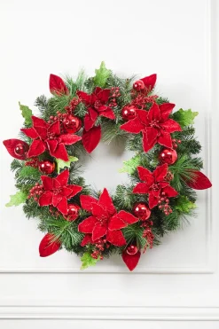Decorator's Warehouse 32” Pine Wreath With Poinsettias & Ball Ornaments > Cardinal|Christmas Wreaths