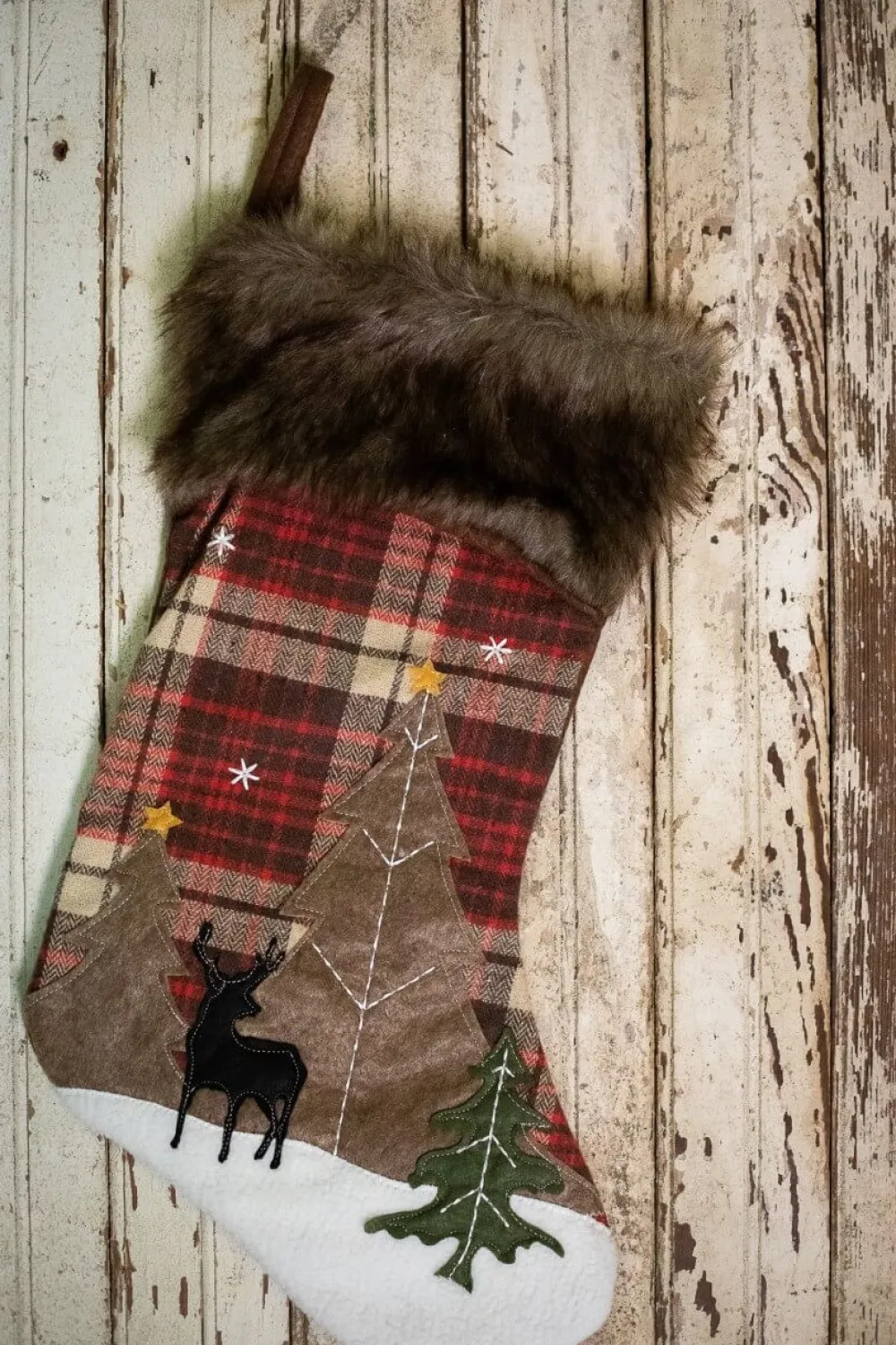 Decorator's Warehouse 20” Plaid Deer Stocking with Faux Fur Cuff > Christmas Textiles|Farmhouse