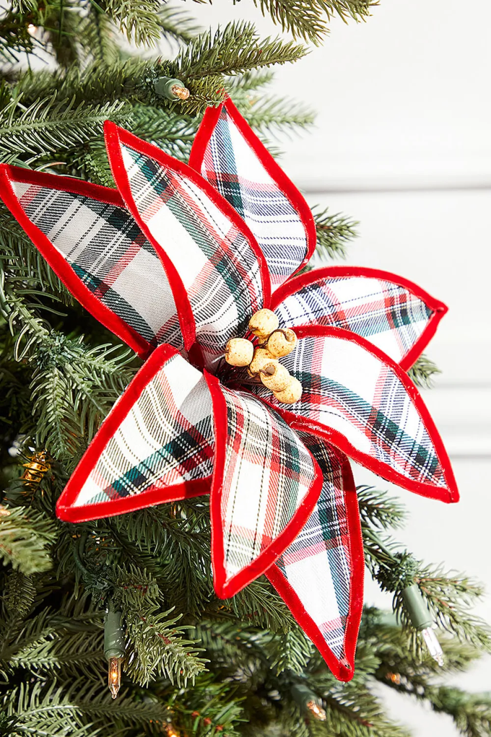 Decorator's Warehouse 23" Plaid Poinsettia Stem - Red and Green > Christmas Decor|Farmhouse