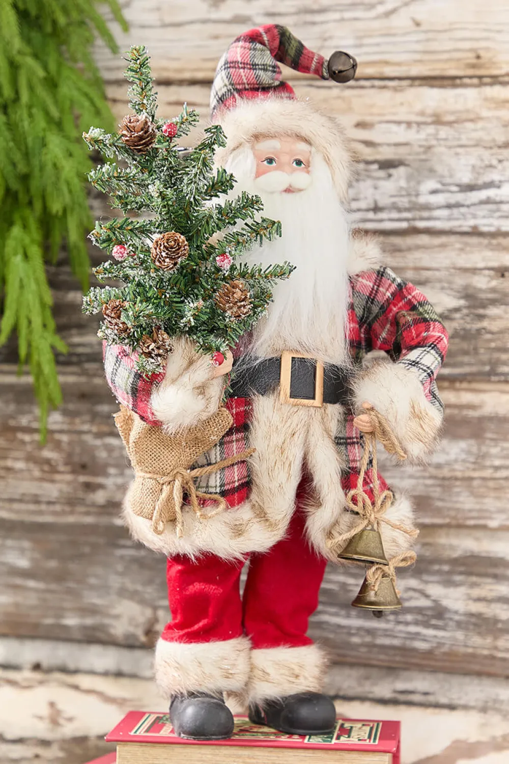 Decorator's Warehouse 18” Plaid Santa with Tree & Bells Figure > Cardinal|Santas & Angels