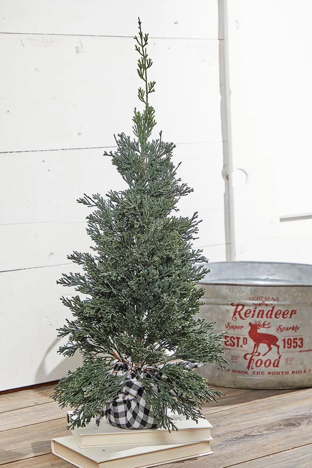 Decorator's Warehouse 24" Plastic Cedar Tree in Black & White Buffalo Fabric Bucket > Tabletop & Accent Trees|Christmas Accents