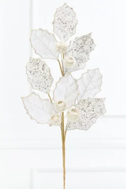 Decorator's Warehouse 27" Platinum Glitter Berry Leaf Spray > Christmas Sprays|Christmas Decor