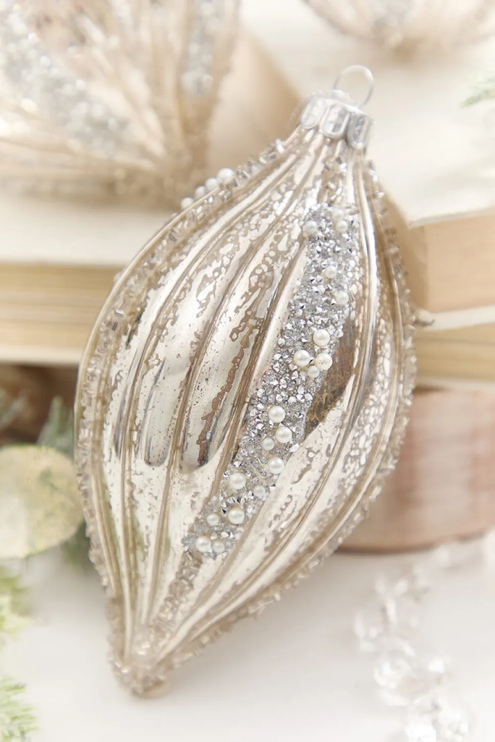Decorator's Warehouse 4" - 6" Platinum Mercury Glass Glitter Stripe Ornament > Sugar & Spice|Christmas Decor