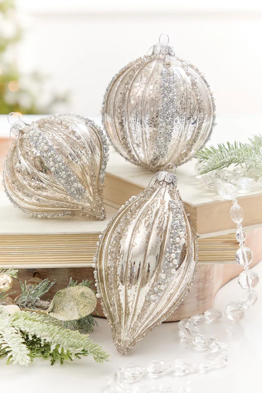 Decorator's Warehouse 4" - 6" Platinum Mercury Glass Glitter Stripe Ornament > Sugar & Spice|Christmas Decor