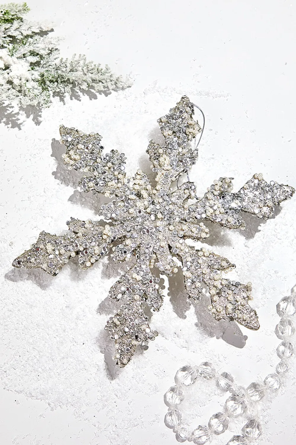 Decorator's Warehouse 12" Platinum Sequin & Pearl Snowflake > Christmas Decor|Natural Elegance