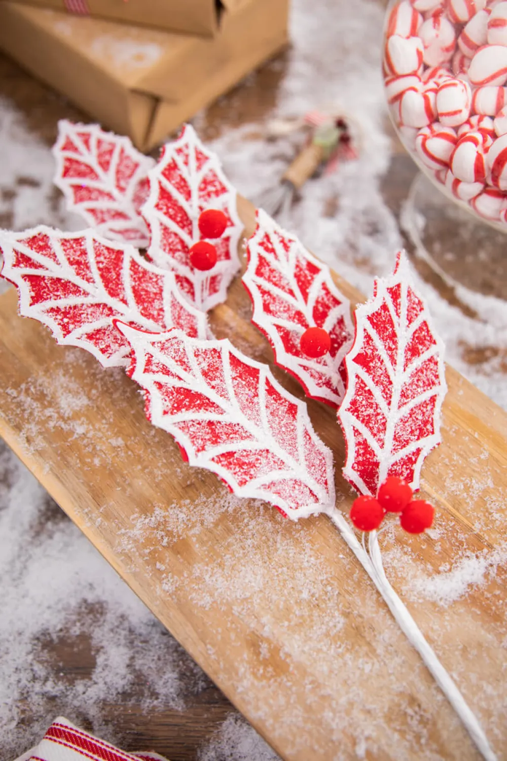 Decorator's Warehouse 24” Red and White Leaf Stem with Red Berries > Christmas Sprays|Christmas Decor