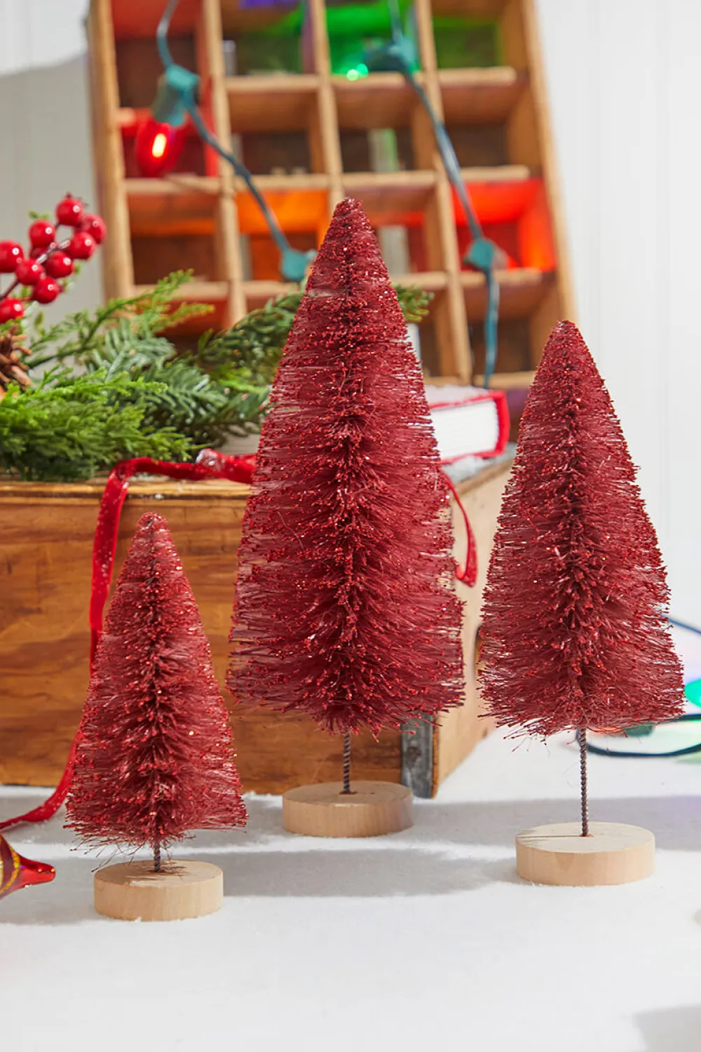 Decorator's Warehouse Red Bottle Brush Tree - Set of 3 > Tabletop & Accent Trees|Christmas Sale