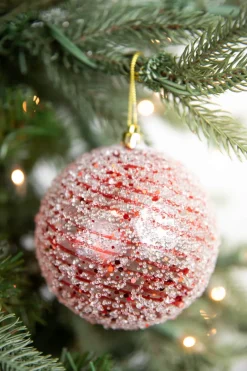 Decorator's Warehouse 4” Red Clear Swirl Iced Ball Ornament > Christmas Decor|Red & Silver