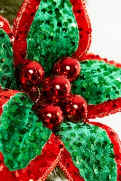 Decorator's Warehouse 22" Red Green Sequin Poinsettia Stem > Christmas Decor|Retro Brites
